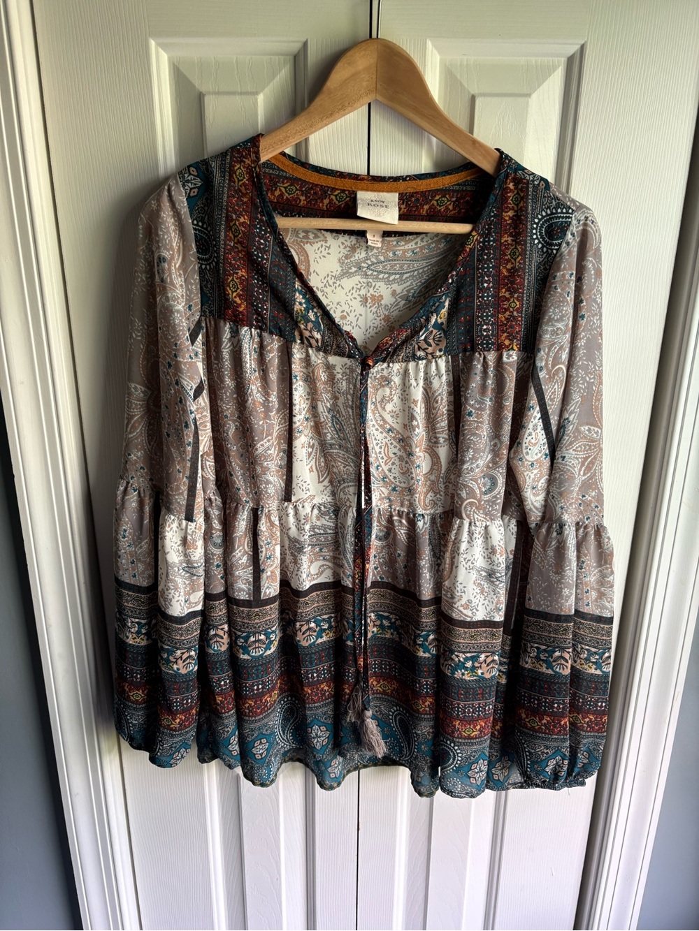 Knox Rose Multicolor Paisley Print Boho Peasant Long Sleeve Blouse Size Small